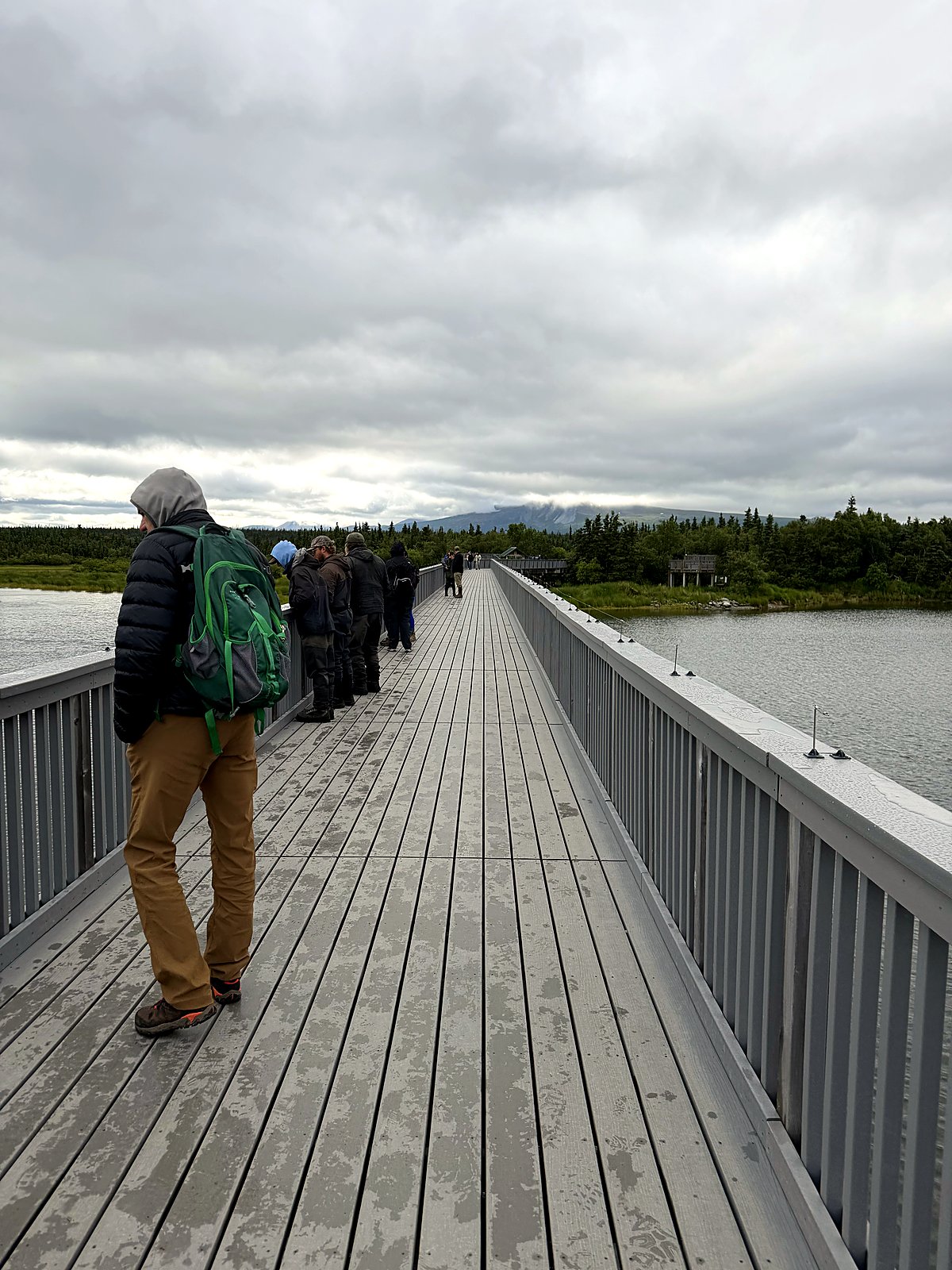 The elevated wooden bridge over the Brooks River at Brooks Camp